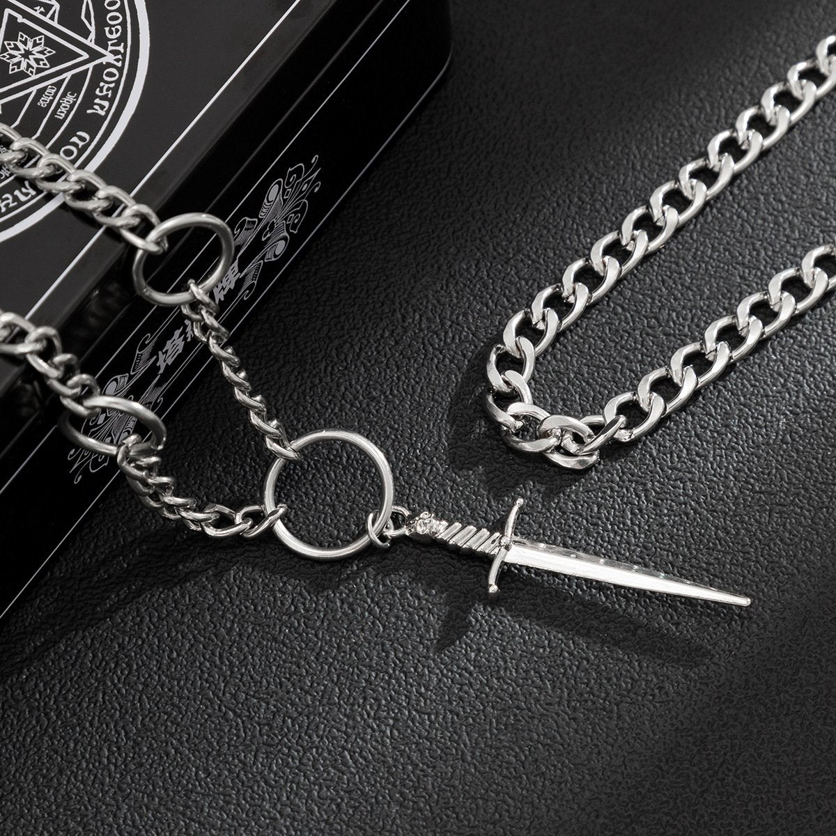 Jewelry personalized metal sword-shaped pendant necklace female hip-hop punk ring chain double necklace