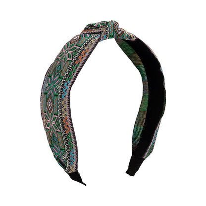 F443 Fashion Ethnic Embroidered Headband Retro Trendy Knotted Geometric Headband Exaggerated Colorful Hair Accessories