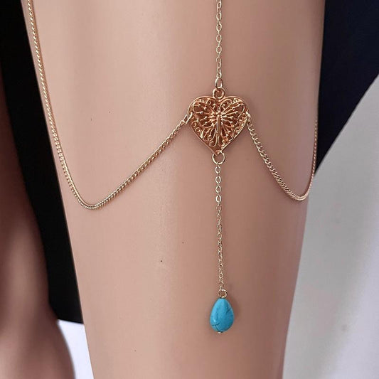 Jewelry Fashion Turquoise Leg Chain Hollow Heart Pendant Turquoise Thigh Chain Beach Body Chain