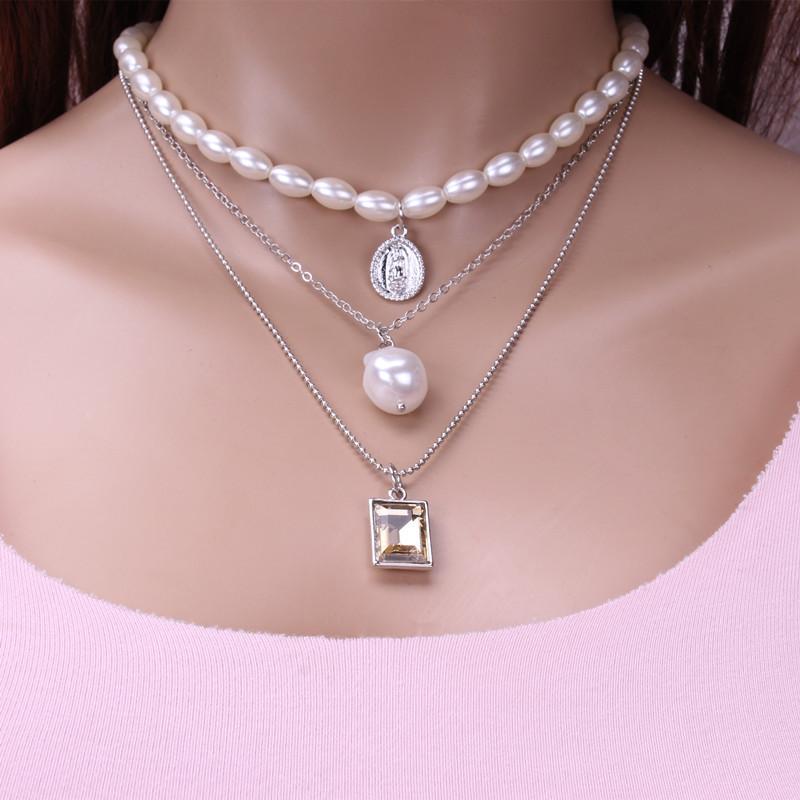 Retro round coin gemstone multi-layer necklace baroque personality trend clavicle chain