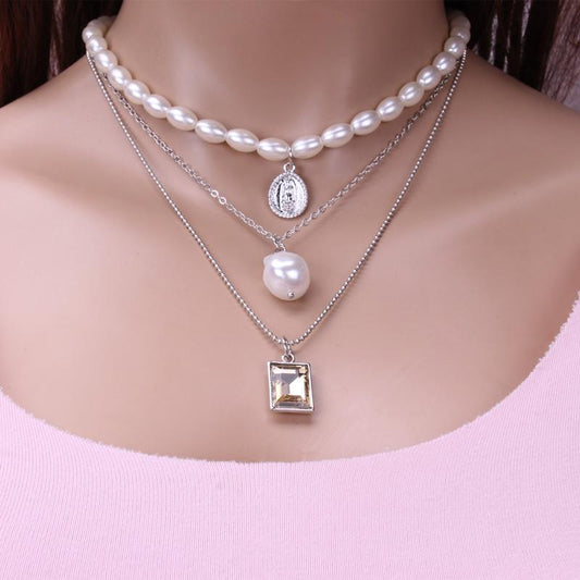 Retro round coin gemstone multi-layer necklace baroque personality trend clavicle chain