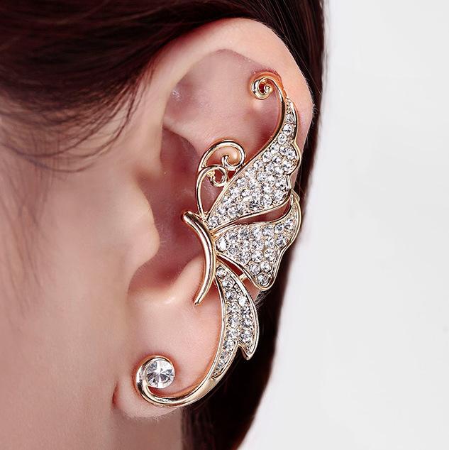 Fashion Exaggerated Diamond Butterfly Earrings Elf Animal Ear Clips No Pierced Ear Hanging Jewelry