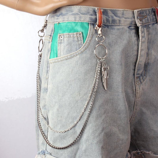 ins Harajuku personality street jumping di cross feather pendant waist chain versatile double-layer waist chain men and women the same style