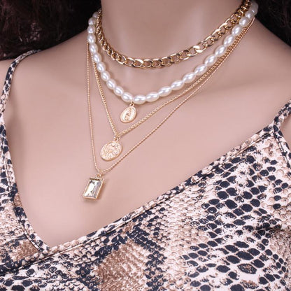 Jewelry Retro Portrait Gem Necklace Sweater Chain Female Personality Color Multi-layer Pearl Necklace
