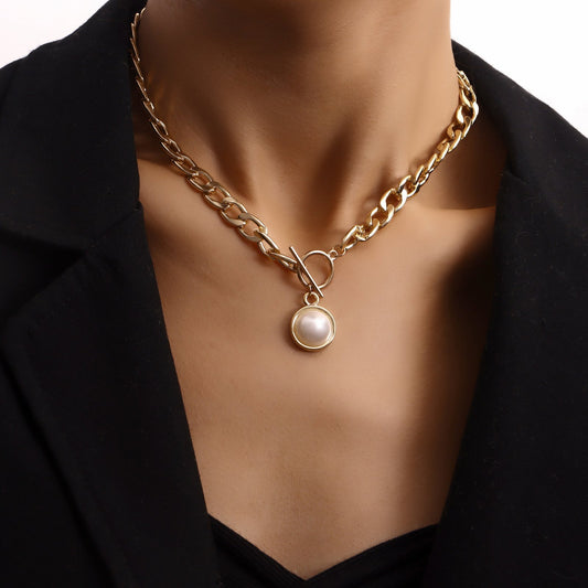 Jewelry simple Cuban thick chain OT buckle pearl pendant necklace female punk ins trend necklace