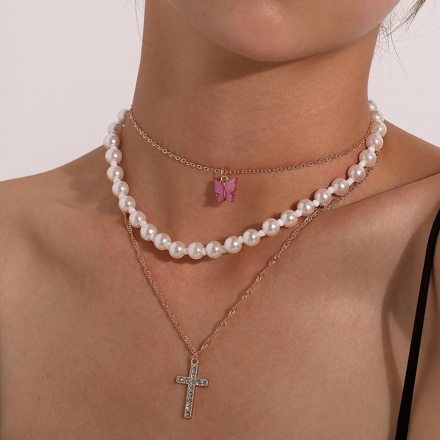 Jewelry Trend Full Diamond Cross Pendant Necklace Female Acrylic Butterfly Pearl Necklace