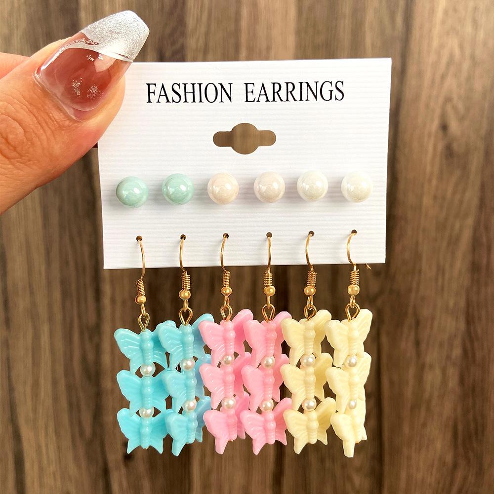 Ins color butterfly heart earring set fashion pearl flower mushroom earring six-piece set trendy
