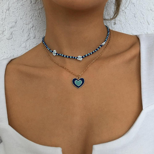 N9535 Double Layer Clavicle Necklace Drip Oil Heart Beads Flower Candy Color Necklace Geometric Creative Necklace