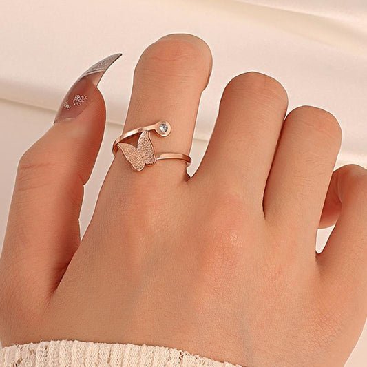 Ins double-layer butterfly matte ring female simple creative diamond butterfly geometric opening index finger ring