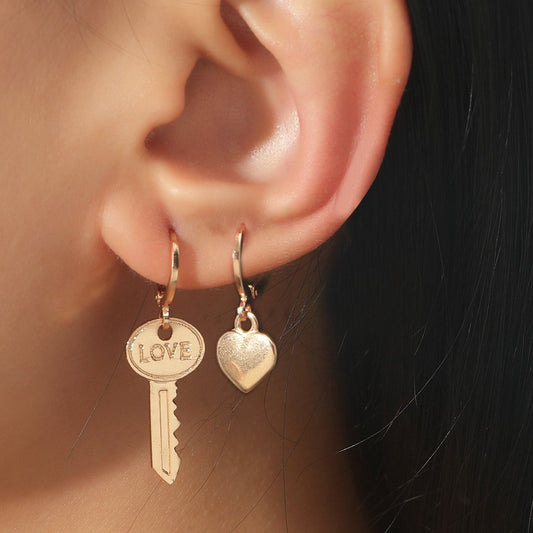 Exaggerated Asymmetric Love Key Earrings Earrings Retro Simple Alloy Earrings Jewelry