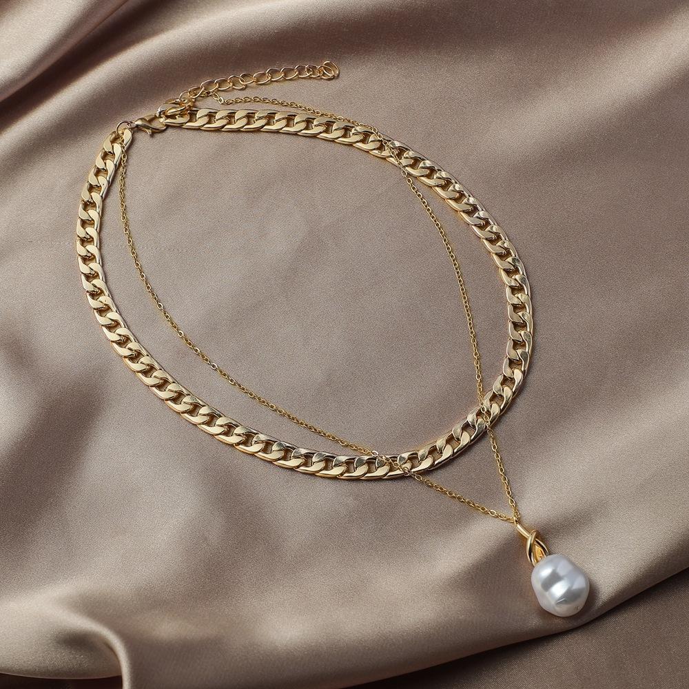 ins personality necklace double metal chain baroque special-shaped pearl pendant exaggerated clavicle chain