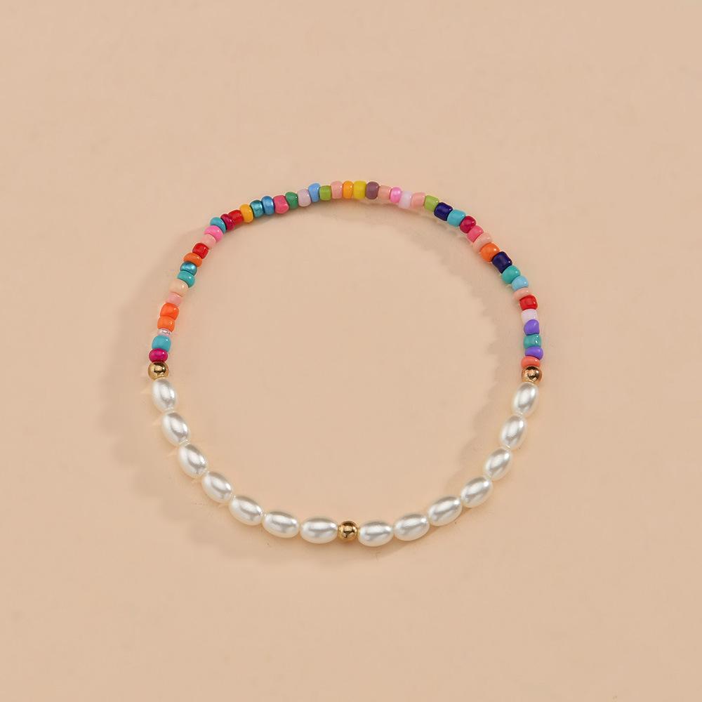 Fashion Oval Pearl Anklet Bohemian Vacation Colorful Rice Bead Elastic Thread Anklet Accessories