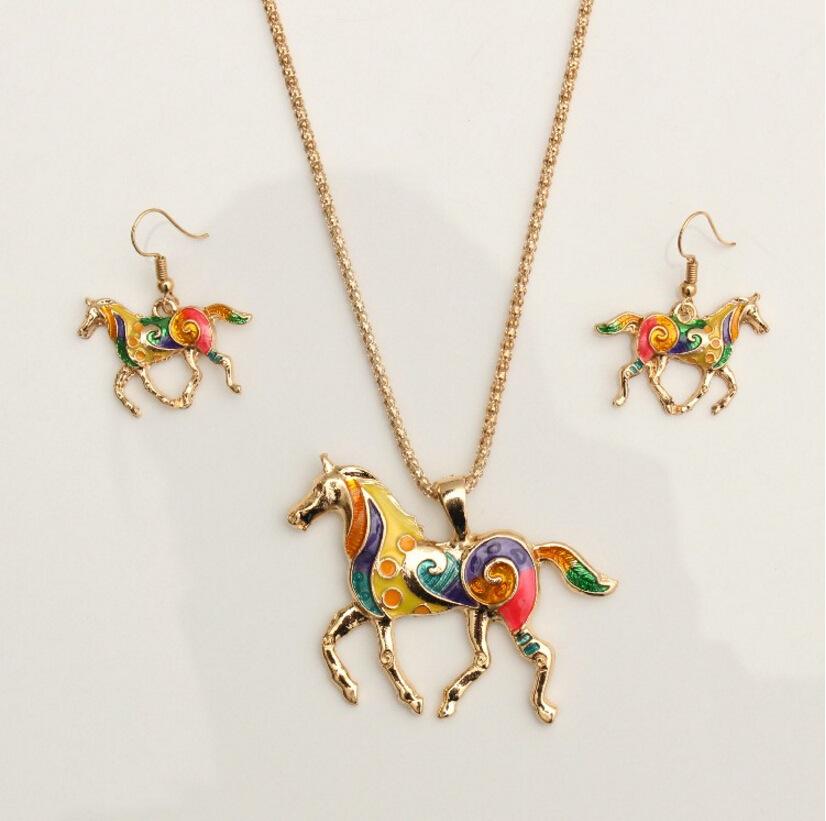 Spring and summer fashion dripping oil rainbow horse earrings necklace set ethnic glaze jewelry X898