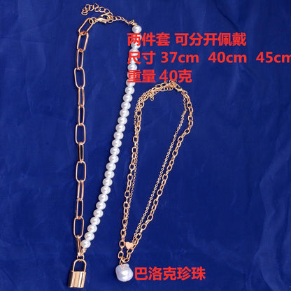 Necklace Jewelry Retro Multilayer Copper Heart Baroque Pearl Accessories Necklace Two-Piece Set