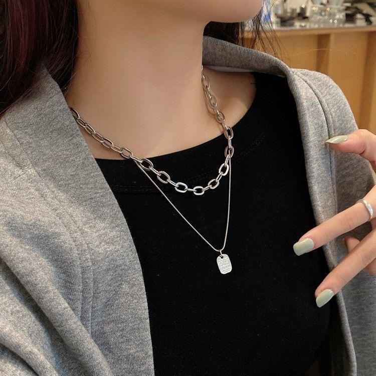 Double layer stacked square brand pendant necklace simple cold metal sweater chain hip hop necklace jewelry