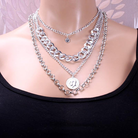 Necklace punk street portrait coin pendant metal exaggerated thick chain multi-layer necklace