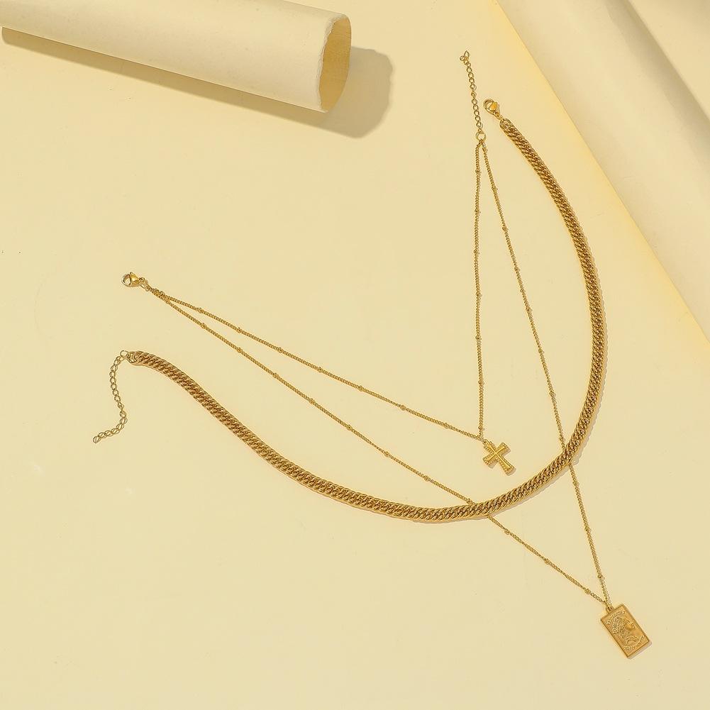 Environment Jewelry Fashion Stainless Steel Square Portrait Coin Cross Pendant Three Layers Stacked Belt Necklace Clavicle Chain