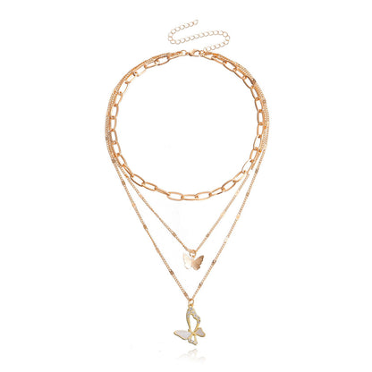 Jewelry colorful light luxury trend multi-layer back-shaped chain micro-inlaid mother-of-pearl butterfly pendant necklace female