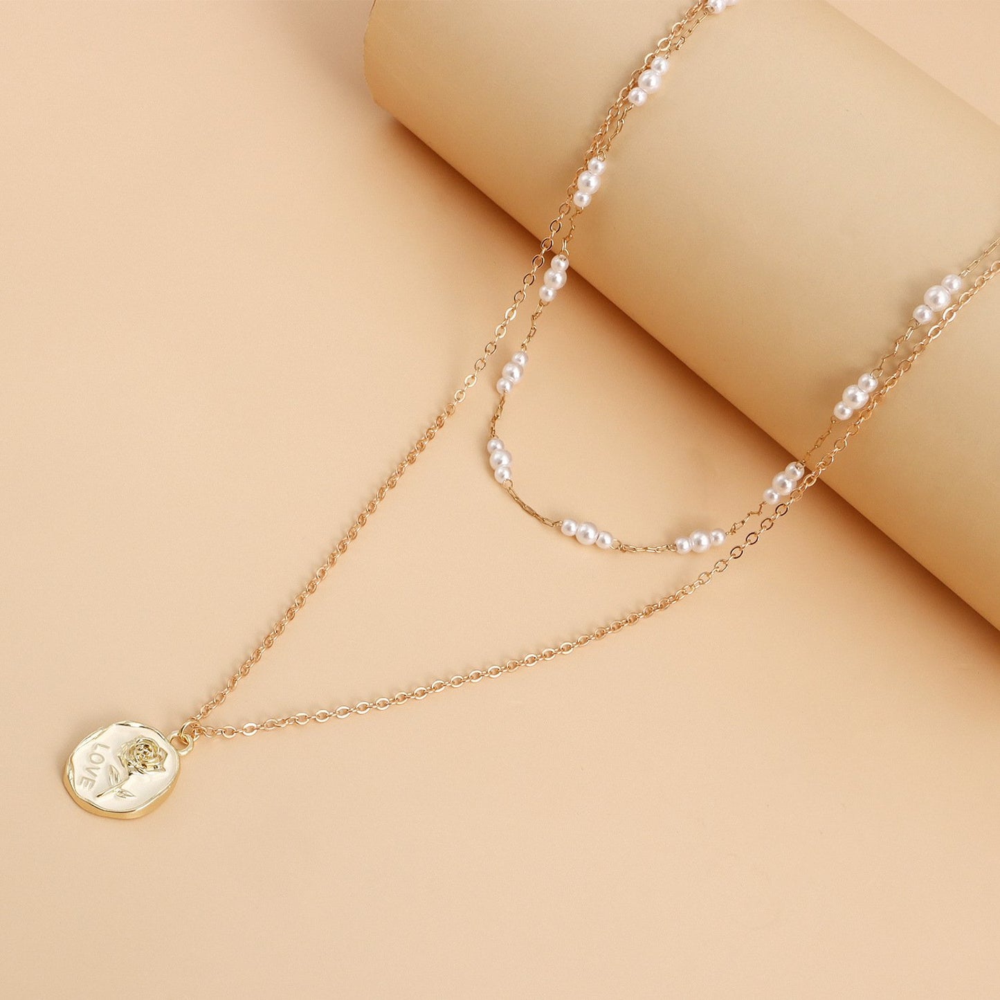 Jewelry Fashion Double Imitation Pearl LOVE Rose Pendant Necklace Women's Trendy Matching Accessories