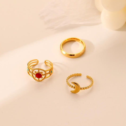 Fashion niche light luxury all-match stainless steel golden moon sun dripping oil ring set for women