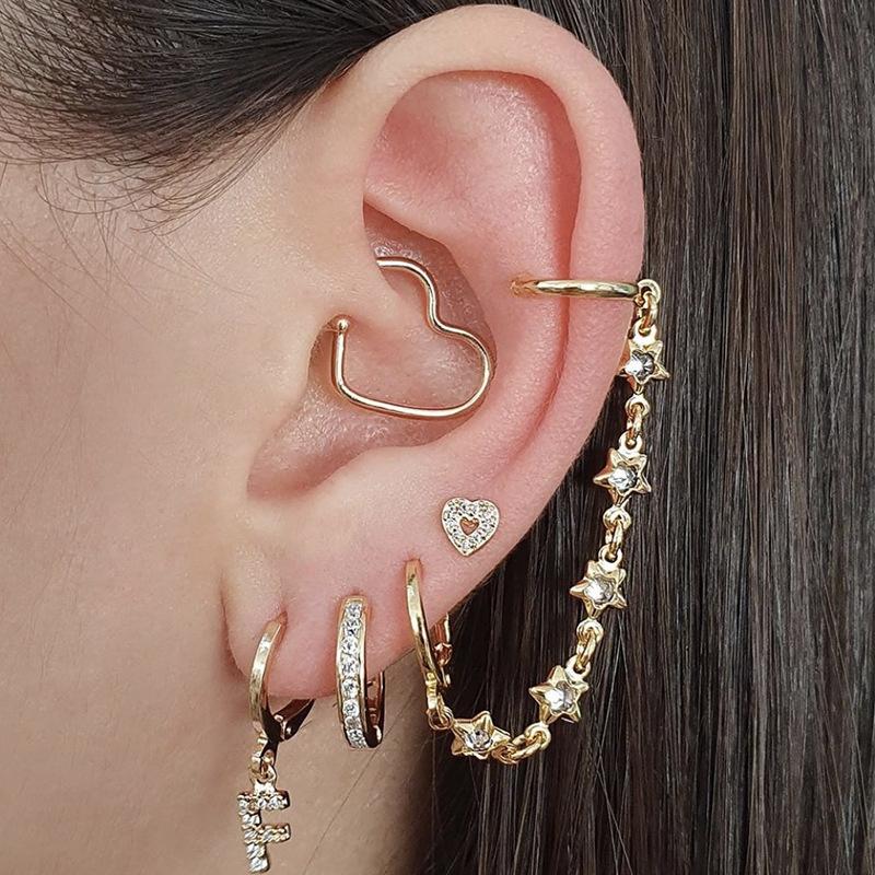 Retro star chain integrated ear clip set alloy diamond letter earrings 4 pieces without pierced earrings