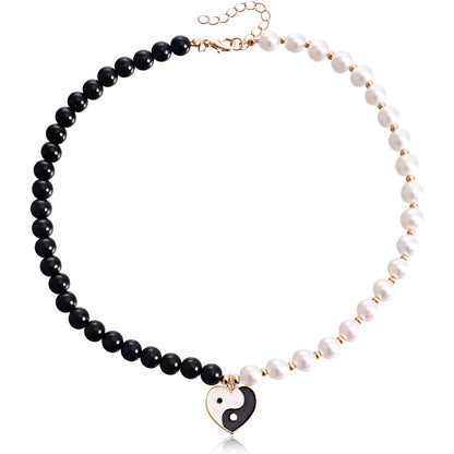 Ins dripping oil Tai Chi gossip love pendant necklace female accessories black and white pearl necklace