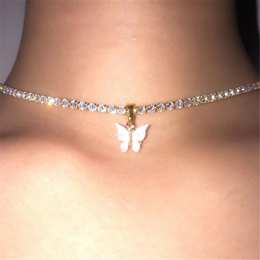 Fashion Rhinestone Claw Chain Necklace Cute Plate Butterfly Pendant Necklace Jewelry