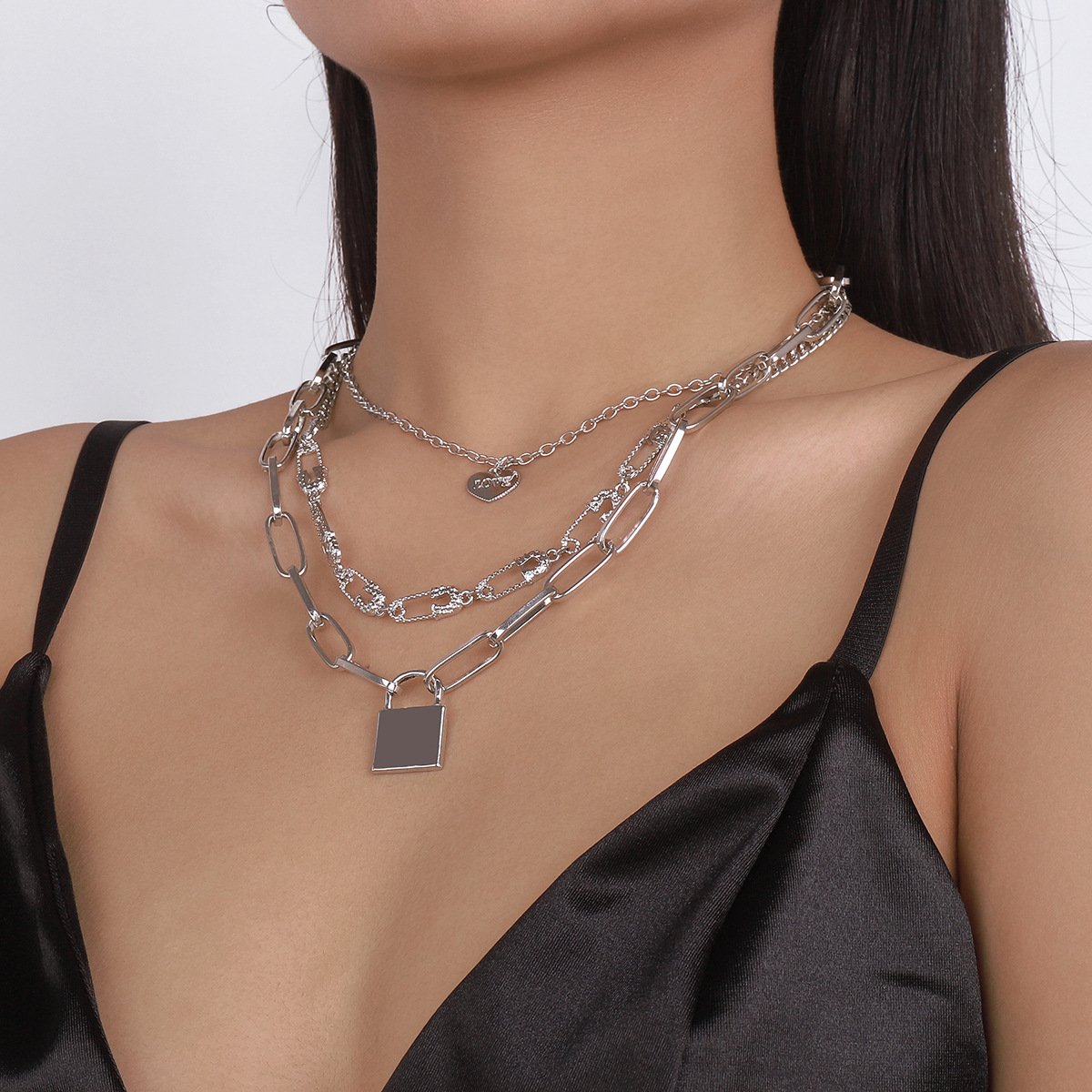 N1565 Fashion Exaggerated Lock Necklace Heart LOVE Pin Creative Choker Retro Hip Hop Necklace