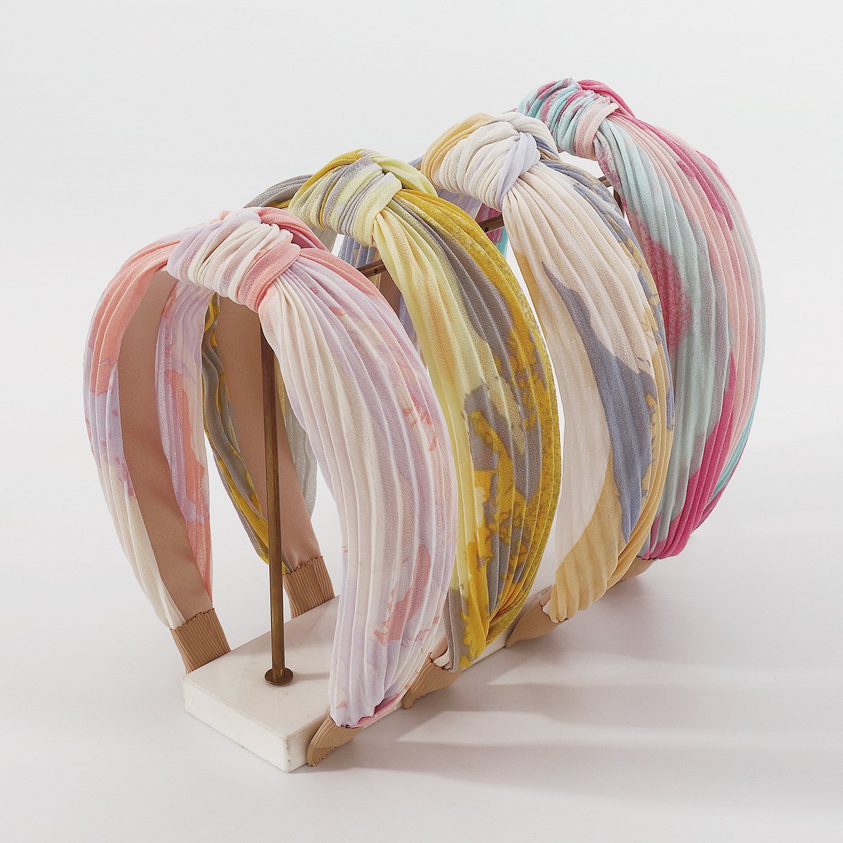 F4562 Literary retro tie-dye press pleated headband French fabric knotted sweet color contrast geometric headband female
