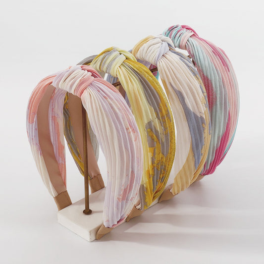 F4562 Literary retro tie-dye press pleated headband French fabric knotted sweet color contrast geometric headband female