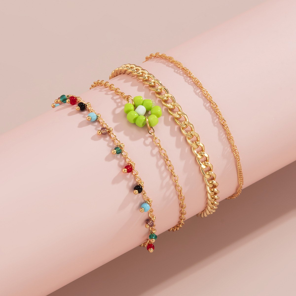 Jewelry Creative Contrasting Color Rice Beads Daisy Flower Anklet Set Geometric Metal Chain Foot Jewelry Female