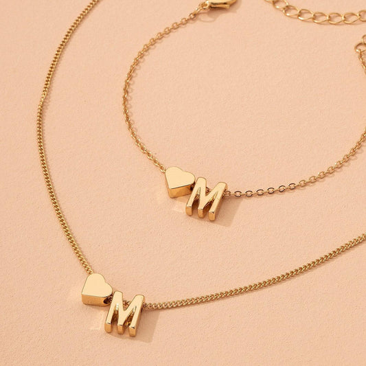 ins English alphabet jewelry set retro fashion metal love letter M necklace bracelet set female