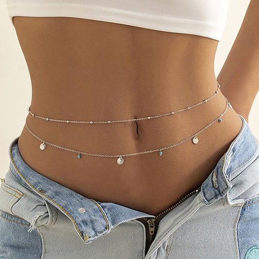 Jewelry Sexy Vacation Turquoise Sequin Pendant Waist Chain Simple Metal Thin Chain Body Chain