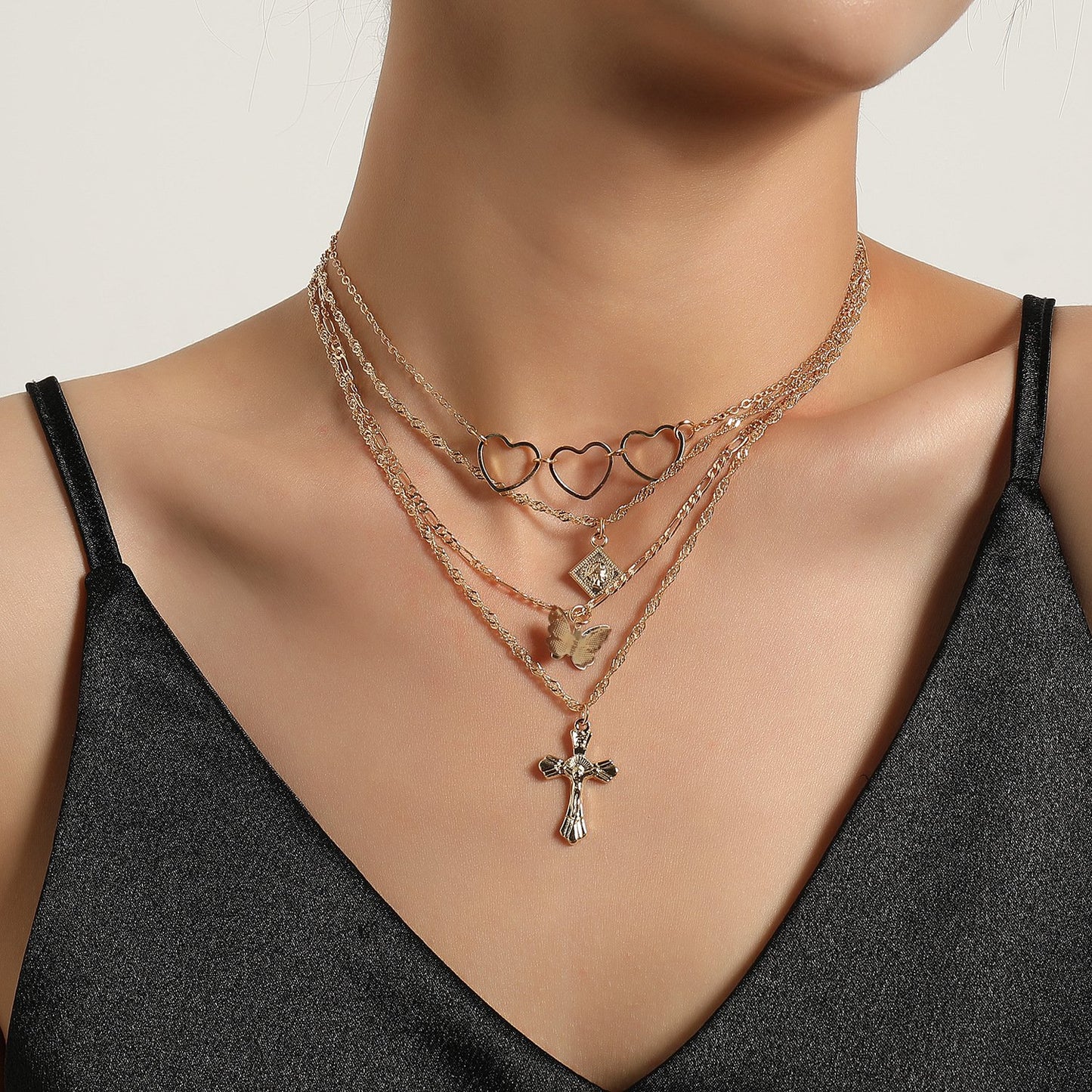 Jewelry Geometric Square Butterfly Cross Pendant Necklace Ladies Exaggerated Multilayer Love Necklace