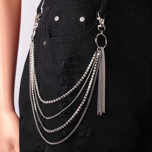 Jewelry metal ring multiple tassel chain ins trend diamond four-layer trouser chain