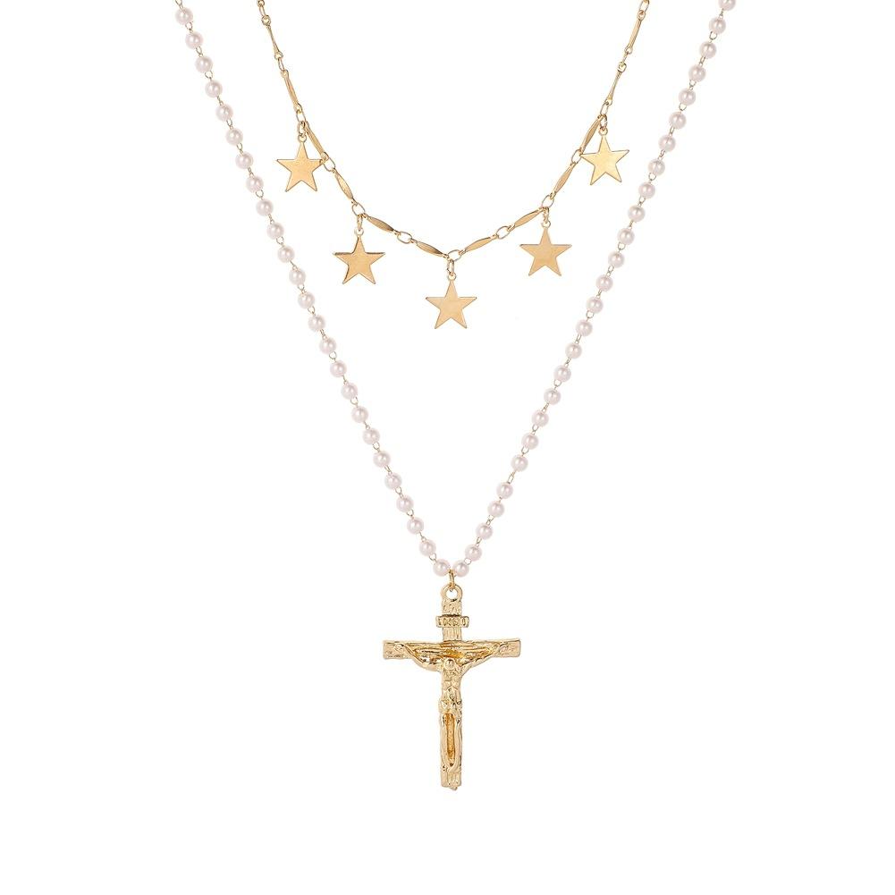 Ins personality bright five-pointed star necklace creative cross pendant temperament pearl fashion double layer necklace