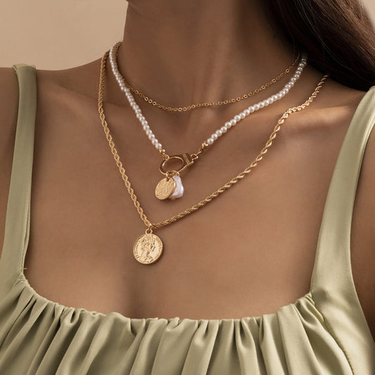 Hip Hop Metal Portrait Tag Necklace Set Retro Mixed Letters Imitation Pearl Twist Chain Necklace