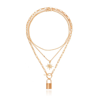 Niche Padlock Metal Exaggerated Ball Clavicle Chain Fashion Octagram Multi-layered Necklace Accessories