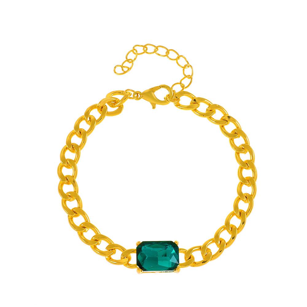 ins simple green square zircon bracelet fashion exaggerated personality emerald Cuban chain thick chain bracelet