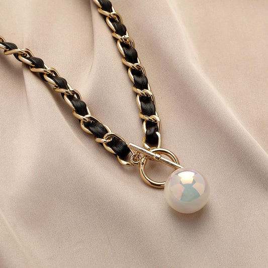 Fashionable Mermaid Bead Braided Leather Rope OT Buckle Short Necklace Niche Design Clavicle Chain Ladies Necklace