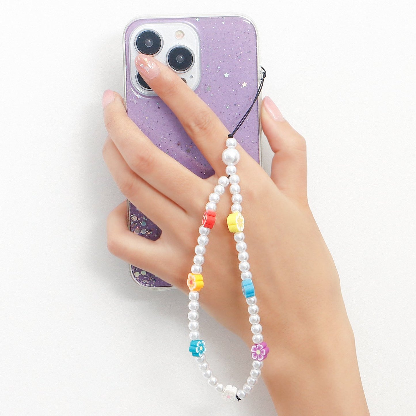 Simple flower color contrast bag lanyard accessories pastoral acrylic pearl beaded mobile phone chain lanyard