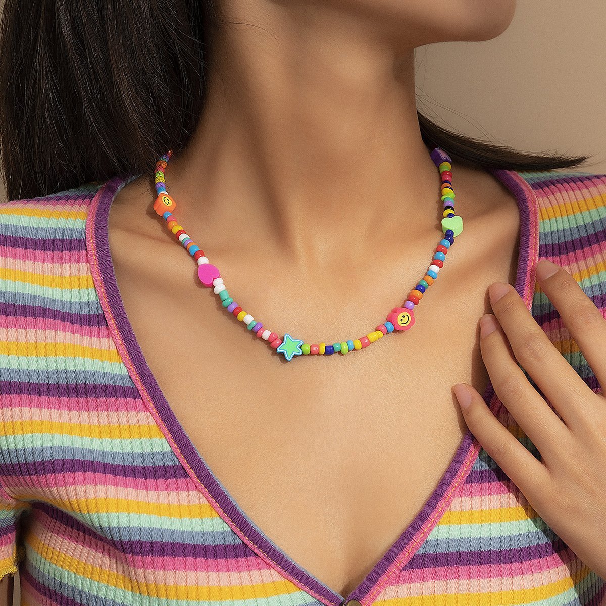 Bohemian Holiday Mix and Match Smiley Peach Heart Necklace Simple Retro Color Rice Beads Clavicle Necklace