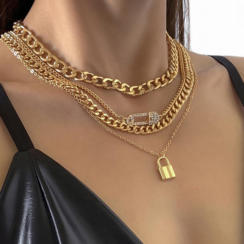 Jewelry Hip Hop Trend Diamond Pin Lock Necklace Female Simple Metal Chain Clavicle Necklace