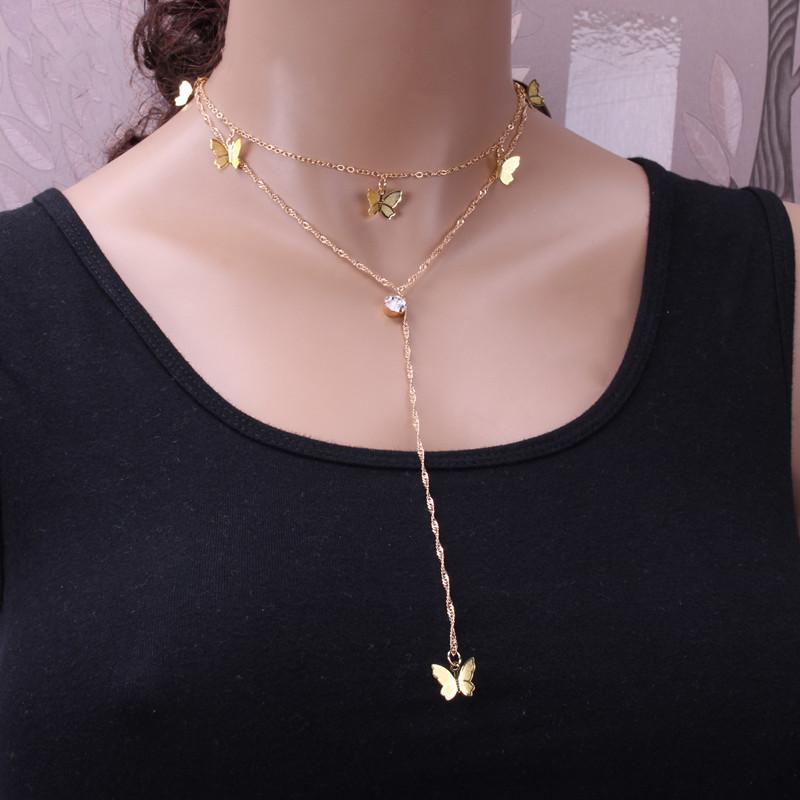 Jewelry Fashion Double Layer Alloy Butterfly Pendant Necklace Feminine Tassel Rhinestone Long Pendant