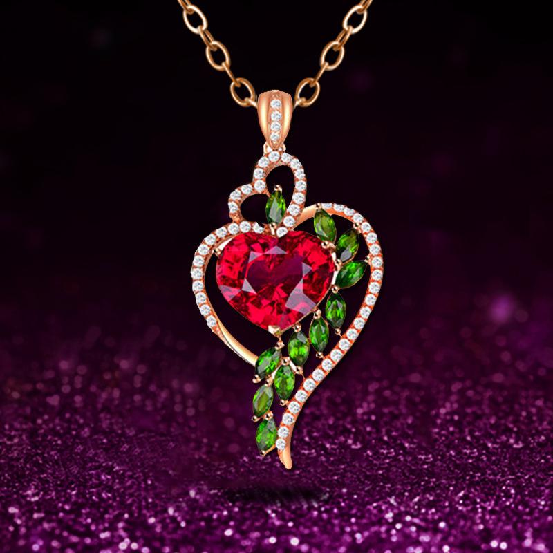 Fashion Ladies Ruby Heart Pendant Necklace Set Green Diamond Heart Necklace Jewelry