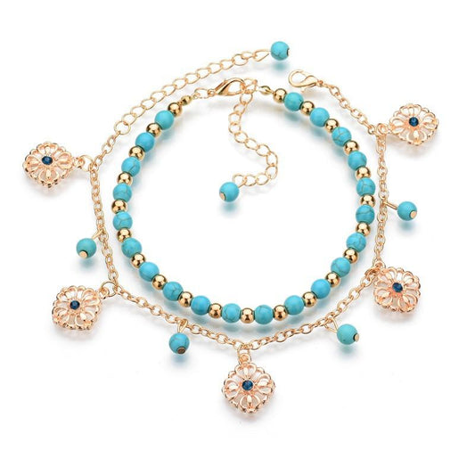 Fashion Vintage Two-piece Alloy Turquoise Bracelet Hollow Flower Pendant Jewelry