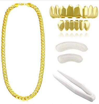 Jewelry Hip Hop Eight Gold Braces Big Gold Chain Set Fashion Personality Glossy Dentures