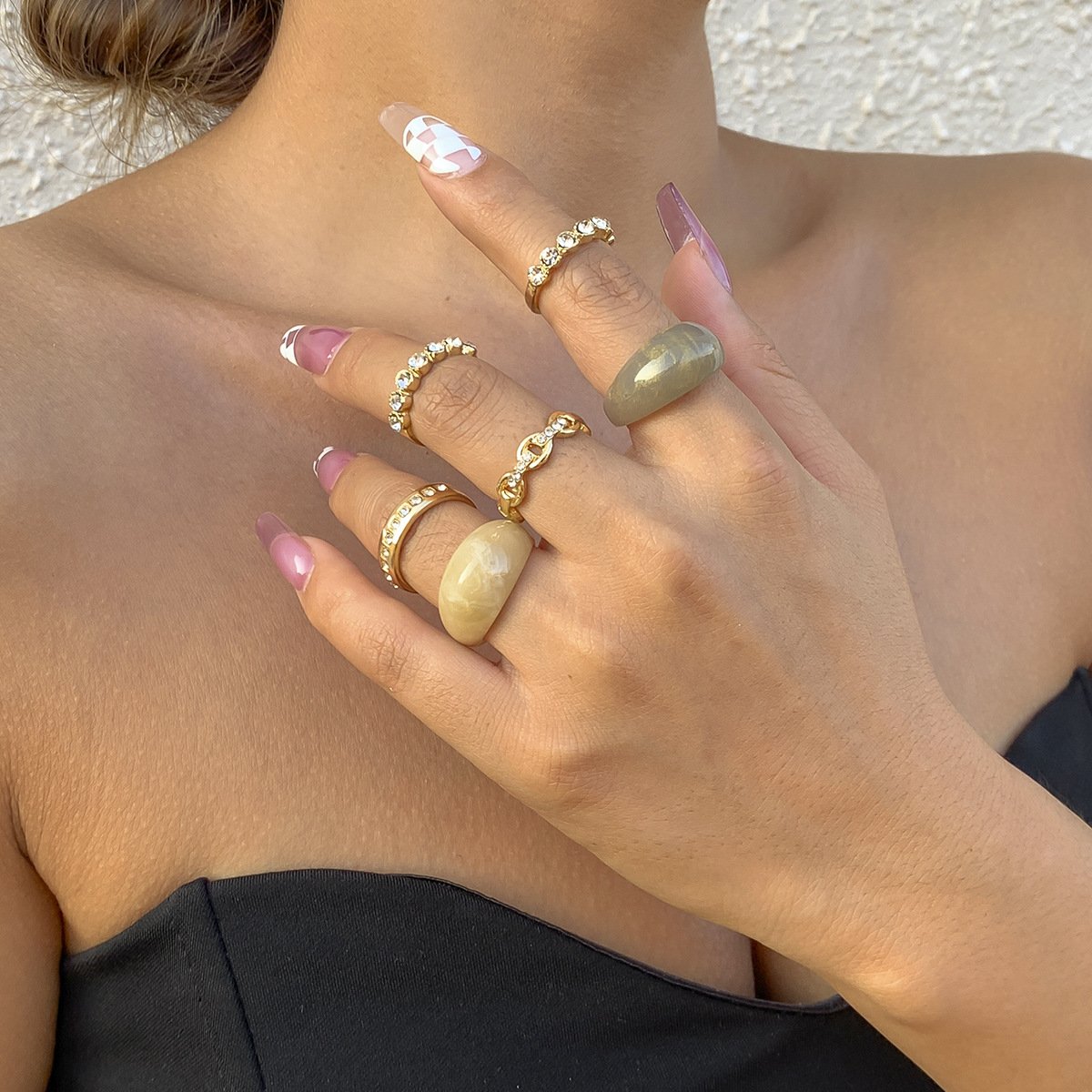 Jewelry cold acrylic ring index finger ring temperament retro metal diamond ring set