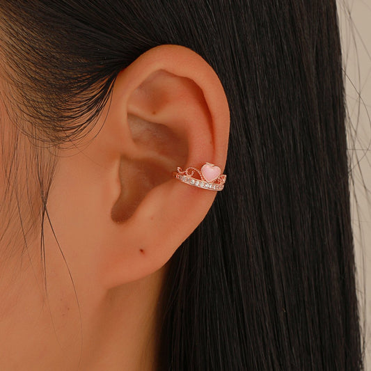 Retro micro-inlaid zircon crown ear clip female fashion temperament pink love ear bone clip without ear piercing earrings