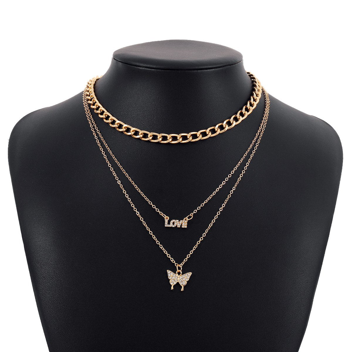 N1537 Simple retro metal pendant LOVE butterfly micro-inlaid multi-layered punk necklace female